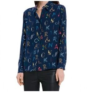 Sandro Paris 100% Silk Navy Blue Alphabet Print Long Sleeve Blouse Size 2